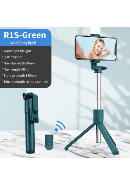 R1S Yeşil Ryra Kablosuz Selfie Çubuğu Mini Tripod Dolgu Işığı ile Uzatılabilir Uzaktan Deklanşör Ios Android Telefon Canlı Yayın (Yurt Dışından) modelleri