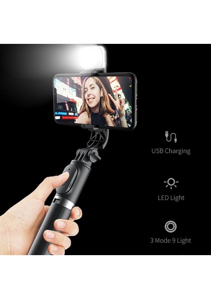 Q02 Siyah Mini Kablosuz Bluetooth Selfie Çubuğu Katlanabilir Tripod Dolgu Işığı Deklanşör Uzaktan Kumanda ile iPhone 14 13 12 Pro Ios Android (Yurt Dışından)