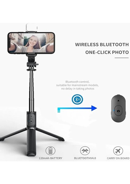 Q02 Siyah Mini Kablosuz Bluetooth Selfie Çubuğu Katlanabilir Tripod Dolgu Işığı Deklanşör Uzaktan Kumanda ile iPhone 14 13 12 Pro Ios Android (Yurt Dışından)