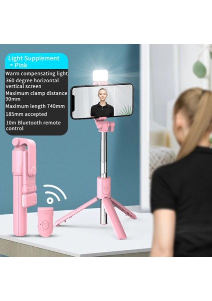 Pembe Çok Fonksiyonlu Selfie Çubuğu Bluetooth Uyumlu Taşınabilir Telefon Standı Uzatılabilir Tutucu Alüminyum Alaşımlı Kablosuz Uzaktan Deklanşör (Yurt Dışından)