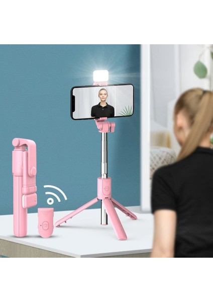 R1S-LED -Pembe Yeni Kablosuz Bluetooth Selfie Çubuğu Katlanabilir Mini Tripod, Ios Android Akıllı Telefonlar Için Dolgu Işığı Deklanşörü Uzaktan Kumandalı (Yurt Dışından)