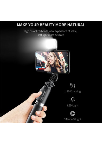 Siyah Yenı Bluetooth Kablosuz Selfie Çubuğu Mini Tripod Uzatılabilir Monopod Dolgu Işığı ile Ios Android Telefon Için Uzaktan Deklanşör (Yurt Dışından)
