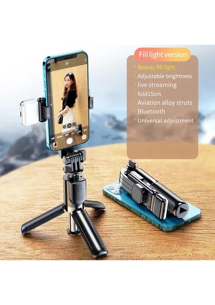 Siyah Işıklı Canlı Yayın Braketi Kablosuz Bluetooth Mini Tripod Genişletilebilir Monopod Yatay ve Dikey Çekim Tripod Monopod Tripod (Yurt Dışından)
