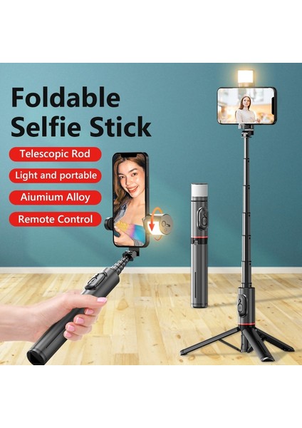 Seçenek 1 2022 Yenı Taşınabilir Kablosuz Bluetooth Telefon Teleskopik Selfie Çubuk Tripod Dolgu Işığı ile Huawei iPhone 13 Android Xiaomi Için (Yurt Dışından) modelleri