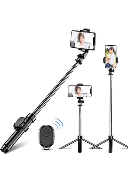 Siyah Hfes Hepsi Bir Arada Selfie Çubuğu Tripod Apple ve Android Cihazlar Için Bluetooth Uzaktan Kumandalı ve Tripodlu Uzatılabilir Telefon Tutucu (Yurt Dışından)