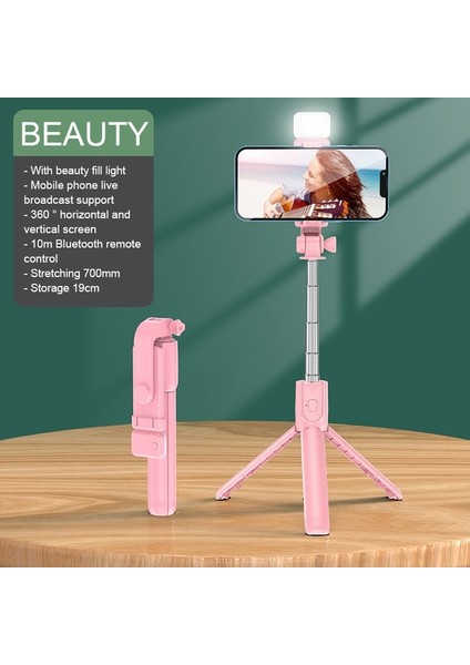 Pembe Işıklı Taşınabilir Bluetooth Selfie Çubuğu Selfie Işığı ile Geri Çekilebilir Cep Telefonu Tutucu Çok Fonksiyonlu Tripod Kablosuz Uzaktan Deklanşör (Yurt Dışından)