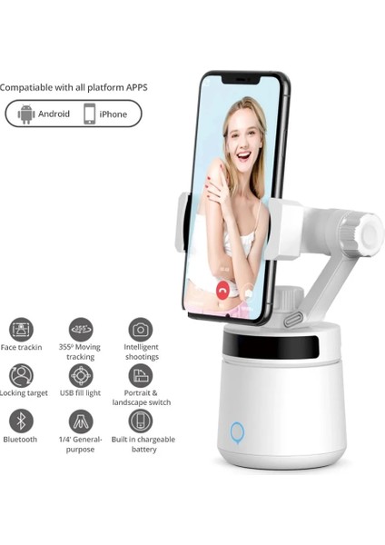 Beyaz 360°ÇOK Yönlü Otomatik Takip Akıllı Gimbal iPhone 12S/12 Pro Max /11 Samsung Xiaomi Mi Yüz Takip Selfie Çubuğu (Yurt Dışından) fiyatları
