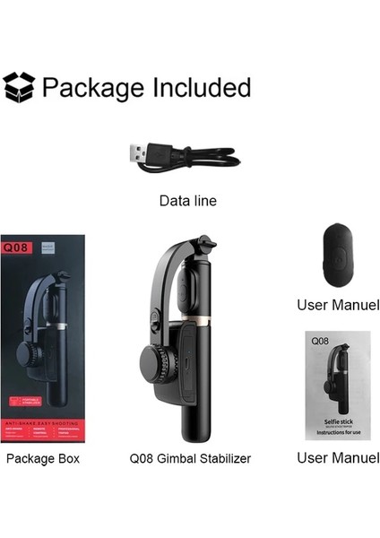 Q08 Siyah El Gimbal Akıllı Telefon Bluetooth El Sabitleyici Tripod ile Selfie Sopa Akıllı Telefon Xiaomi iPhone Için Katlanır Gimbal (Yurt Dışından)
