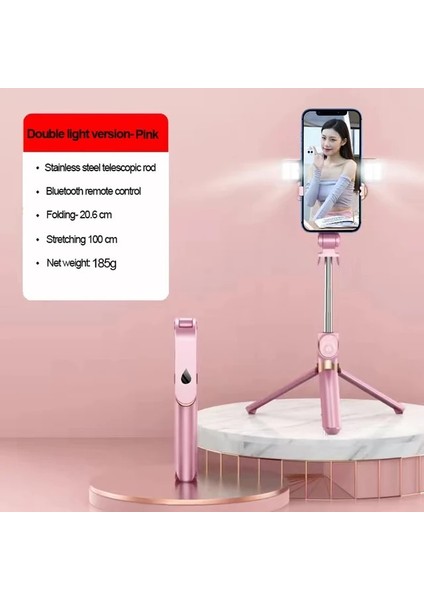1m Pembe Çift Işık 360° Dönebilen Telefon Tutucu Kablosuz Selfie Çubuğu Bluetooth Teleskopik Katlanabilir Tripod Dolgu Işığıyla Uzatılabilir Uzaktan Kumanda (Yurt Dışından)
