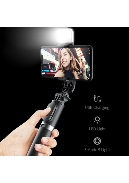 Q02 Siyah Kablosuz Bluetooth Selfie Çubuğu Katlanabilir Tripod Ios Android Için Dolgu Işığı Deklanşör Uzaktan Kumanda 360 ° Dönen Tutucu (Yurt Dışından)