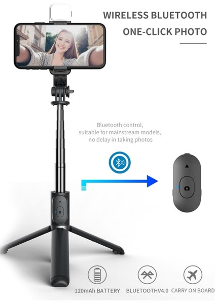 Q02 Siyah Kablosuz Bluetooth Selfie Çubuğu Katlanabilir Tripod Ios Android Için Dolgu Işığı Deklanşör Uzaktan Kumanda 360 ° Dönen Tutucu (Yurt Dışından)