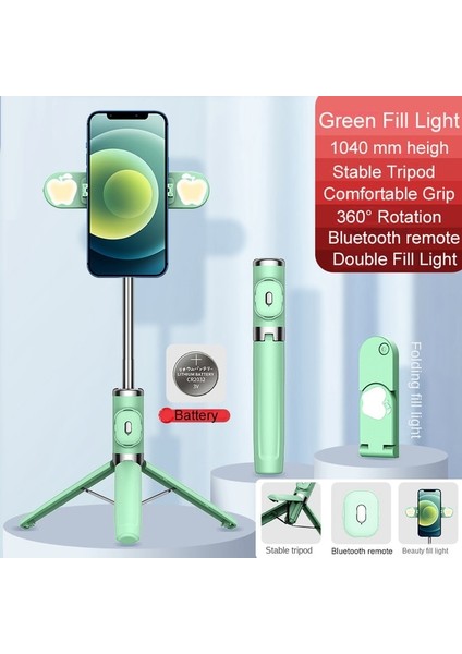 Yeşil Işıklı Kablosuz Selfie Çubuğu Bluetooth Uzaktan Güçlendirilmiş Tripod Tutucu iPhone Huawei Xiaomi Akıllı Telefon Için Dolgu Işığıyla Selfie Canlı (Yurt Dışından)