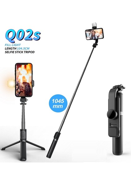 Q02 Siyah El Selfie Çubuğu Tripod ile iPhone Huawei Xiaomi Samsung Için Dolgu Işığı Lambası Çok Fonksiyonlu Kablosuz Bluetooth Selfie Çubuk (Yurt Dışından) fiyatları