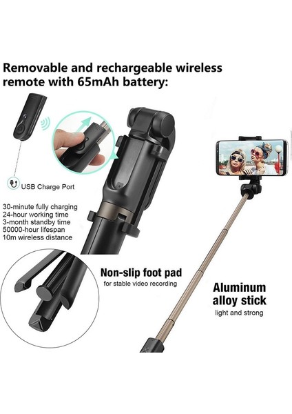 Travor Bluetooth Selfie Çubuğu Tripod Uzaktan Uzatılabilir El Selfie Çubuğu iPhone Huawei Xiaomi Samsung Android Telefon (Yurt Dışından) fiyatları