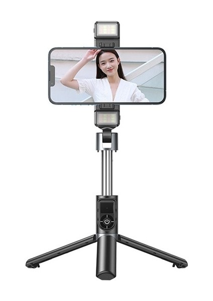 Siyah Remax Tripod Selfie Çubuğu Çift Dolgu Işıkları iPhone ve Tüm Cep Telefonları Için Kablosuz Uzaktan Kontrol Canlı Yayın Tutucu (Yurt Dışından)