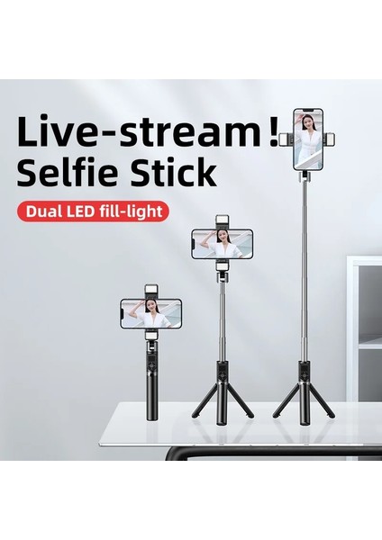 Siyah Remax Tripod Selfie Çubuğu Çift Dolgu Işıkları iPhone ve Tüm Cep Telefonları Için Kablosuz Uzaktan Kontrol Canlı Yayın Tutucu (Yurt Dışından) modelleri