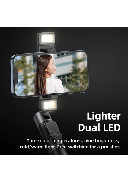 Siyah Remax Tripod Selfie Çubuğu Çift Dolgu Işıkları iPhone ve Tüm Cep Telefonları Için Kablosuz Uzaktan Kontrol Canlı Yayın Tutucu (Yurt Dışından) fırsatları