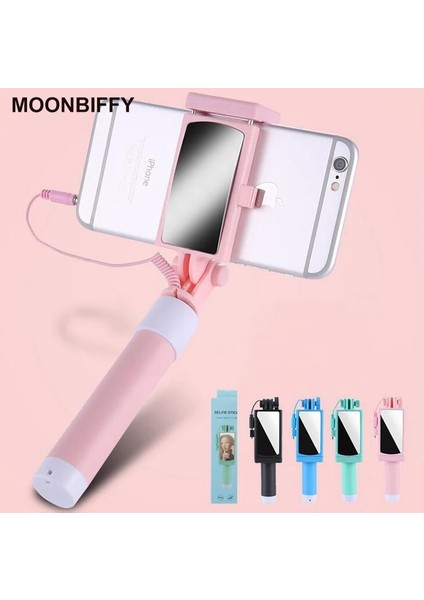 Pembe Evrensel Mini Selfie Çubuğu Düğmeli Kablolu Silikon Saplı Monopod iPhone 6/6s Android Samsung Huawei Xiaomi Çubukları (Yurt Dışından)