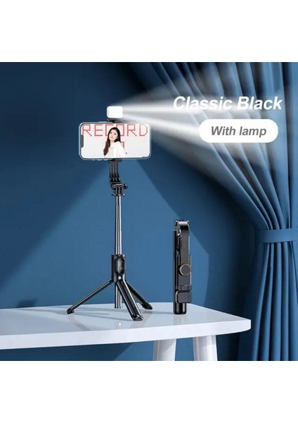 Siyah Işıklı Cep Telefonu Entegre Selfie Çubuğu Tripod Bluetooth Teleskopik Taşınabilir Kamera Fotoğrafçılığı Canlı Tripod Cep Telefonu Sabitleyici (Yurt Dışından)