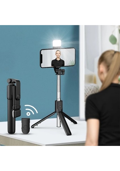 PA6069BK2 Bluetooth Uyumlu Kablosuz Selfie Çubuğu Mini Uzatılabilir Monopod Tripod Uzaktan Deklanşör ile Android Telefon Için Dolgu Işığı (Yurt Dışından)