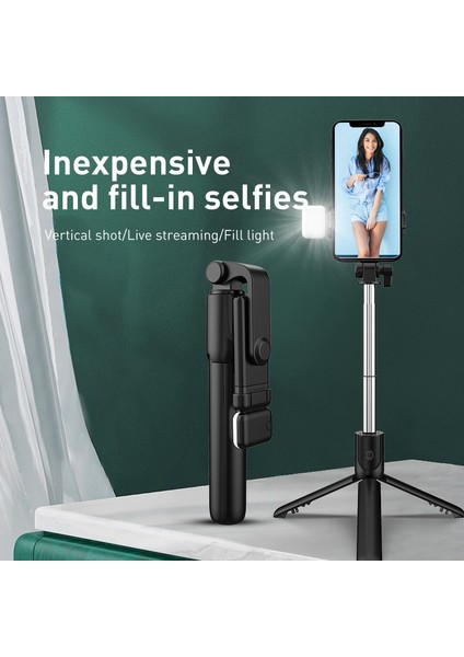 H1 Siyah 2022 Katlanabilir Cep Telefonu Tutucu Dolgu Işığı Kablosuz Bluetooth Uyumlu Selfie Çubuğu Android Canlı Yayın Için IPhone Için (Yurt Dışından) indirimleri