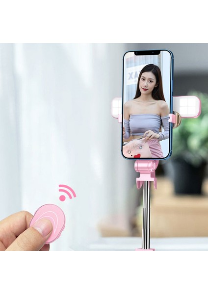Pembe Taşınabilir Katlanabilir Tripod Selfie Çubuğu Video Bluetooth Uyumlu El Tipi Selfie Çubuğu Dolgu Işığı Telefon Aksesuarları Fotoğraf (Yurt Dışından)