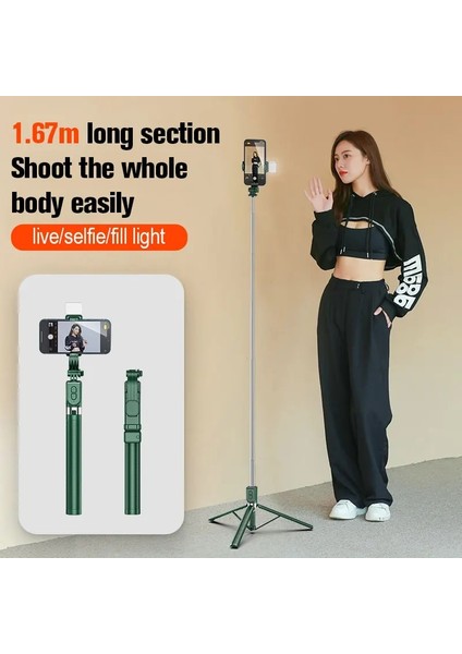H6S Koyu Yeşil Taşınabilir Tripod Selfie Sopa Cep Telefonu Fotoğraf Çekme Canlı Yayın Şarj Edilebilir Bluetooth Uzaktan Kumanda Tripod Standı Kutup (Yurt Dışından) fiyatları