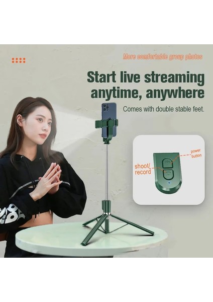 H6S Koyu Yeşil Taşınabilir Tripod Selfie Sopa Cep Telefonu Fotoğraf Çekme Canlı Yayın Şarj Edilebilir Bluetooth Uzaktan Kumanda Tripod Standı Kutup (Yurt Dışından) modelleri