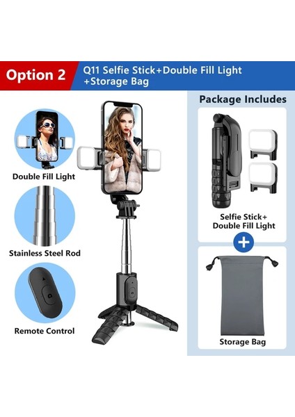 Seçenek 2 Çift Doldurma Işığı Mini Selfie Çubuğu Katlanabilir Tripod, Uzaktan Kablosuz Bluetooth ile Xiao Mi Huawei Android iPhone 14 Telefon (Yurt Dışından)