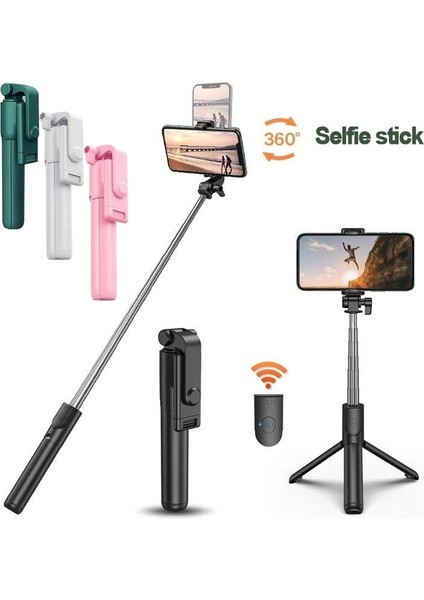 H1S Pembe 360° Dönebilen Selfie Çubuğu Tripod Akıllı Telefon Standı Canlı Yayın Makyaj Teleskopik Katlanabilir Mini Tripod Deklanşör Uzaktan Kumanda (Yurt Dışından)