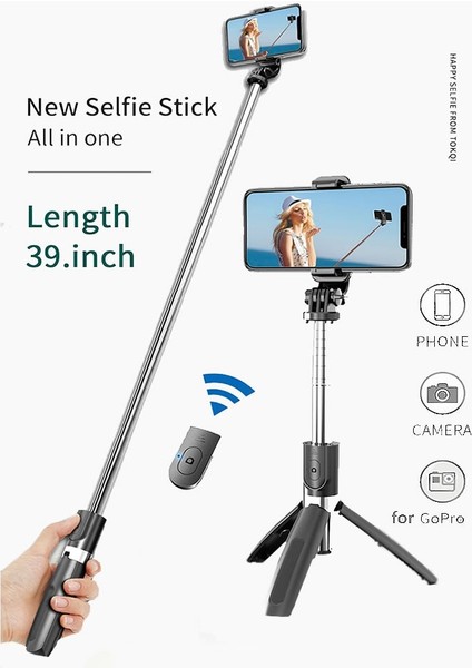 Siyah Taşınabilir 3 In 1 Selfie Çubuğu Kablosuz Cep Telefon Tripodu Uzaktan Kumanda L02 Selfie Çubuğu 360 Rotasyon Mini Seyahat Tripod (Yurt Dışından)