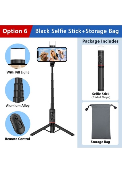 Siyah Çanta Ekle Taşınabilir Selfie Çubuğu Tripod Dolgu Işığı ile Uzatılabilir Monopod iPhone 14 Pro Xiaomi Huawei P50 Samsung Vlog Canlı Kayıt (Yurt Dışından)