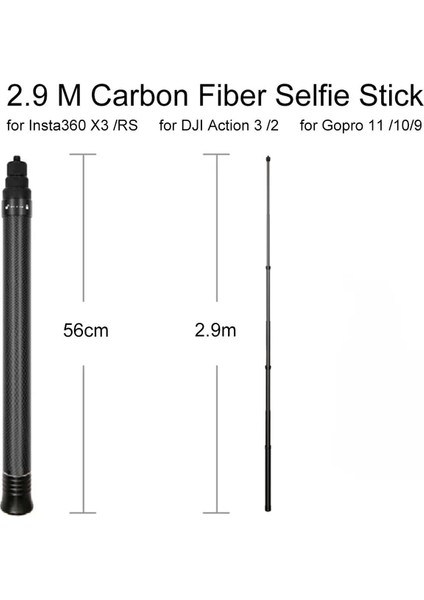 Siyah 2.9 M Süper Uzun Karbon Fiber Görünmez Selfie Sopa INSTA360 X3 /djı Actıon 3 /gopro 11 Kamera Selfie Sopa (Yurt Dışından)