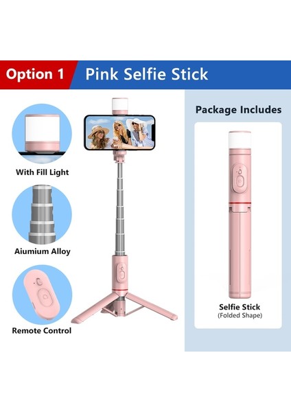 Pembe Selfie Çubuğu Taşınabilir Selfie Çubuğu Tripod Dolgu Işığı ile Uzatılabilir Monopod iPhone 14 Pro Xiaomi Huawei P50 Samsung Vlog Canlı Kayıt (Yurt Dışından)