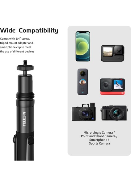 Sadece Selfie Çubuğu Telesın Alüminyum Alaşımlı Selfie Çubuğu 360° Dönüş + Gopro 11 INSTA360 X3 Osmo Action Akıllı Telefon Için Katlanabilir Tripod Telefon Tutucu (Yurt Dışından) indirimleri