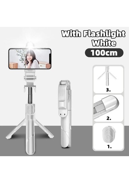 Beyaz Flaş 100 cm Kablosuz Bluetooth Uyumlu Selfie Çubuğu Dolgu Işığı Deklanşör Katlanabilir Mini Tripod Telefon Ios Android Için Uzaktan Kumanda (Yurt Dışından)