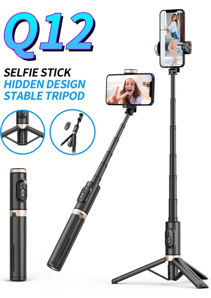 Siyah Q12 Bluetooth Kablosuz Tripod Selfie Çubuğu Gizli Tasarım Güçlendirilmiş Alüminyum Alaşım Telefon Tutucu ile Ayarlanmış Selfie Çubuğu (Yurt Dışından)