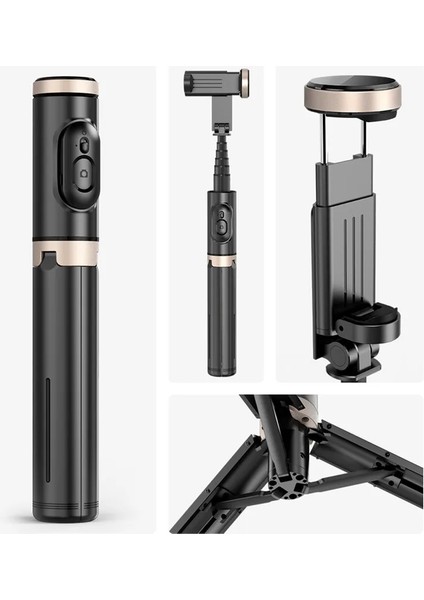 Siyah Q12 Bluetooth Kablosuz Tripod Selfie Çubuğu Gizli Tasarım Güçlendirilmiş Alüminyum Alaşım Telefon Tutucu ile Ayarlanmış Selfie Çubuğu (Yurt Dışından) modelleri