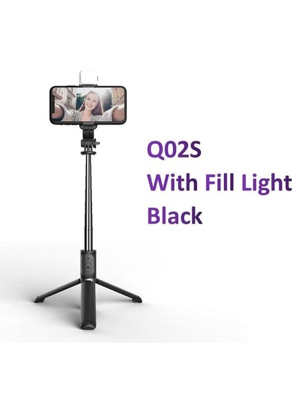 Q02S Siyah Mini Kablosuz Bluetooth Selfie Çubuğu Katlanabilir Tripod Dolgu Işığı Deklanşör Uzaktan Kumanda ile iPhone 14 13 12 Pro Ios Android (Yurt Dışından)