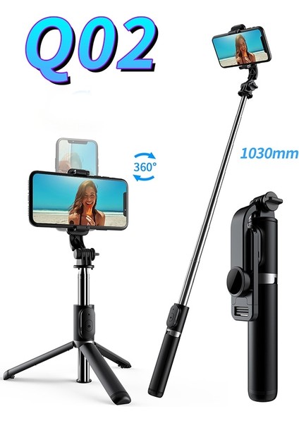 Q02 Siyah Ruzsj Q02 1030MM Selfie Çubuğu Tripod, Kablosuz Uzaktan Kumandalı, Mini Uzatılabilir 4'ü 1 Arada Selfie Çubuğu 360° Döndürme Telefon Standı Tutucu (Yurt Dışından)