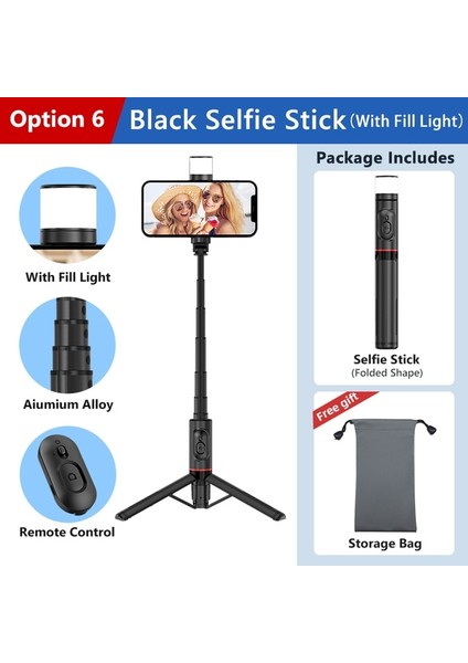 Seçenek 6 Taşınabilir Selfie Çubuğu Teleskopik Alüminyum Alaşım Tripod Samsung iPhone Pro Max Xiaomi 12 S Ultra Telefon Için Bluetooth Uzaktan Kumanda ile (Yurt Dışından)
