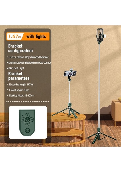 Z6S Koyu Yeşil Taşınabilir Tripod Selfie Sopa Cep Telefonu Fotoğraf Çekme Canlı Yayın Şarj Edilebilir Bluetooth Uzaktan Kumanda Tripod Standı Kutup (Yurt Dışından)