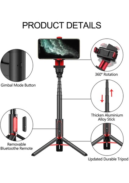 Siyah Taşınabilir Sabitleyici Selfie Sopa Tripod 360 Derece Dönme Bluetooth Selfie Uzaktan Kumanda iPhone Android Için Uzatılabilir (Yurt Dışından) modelleri