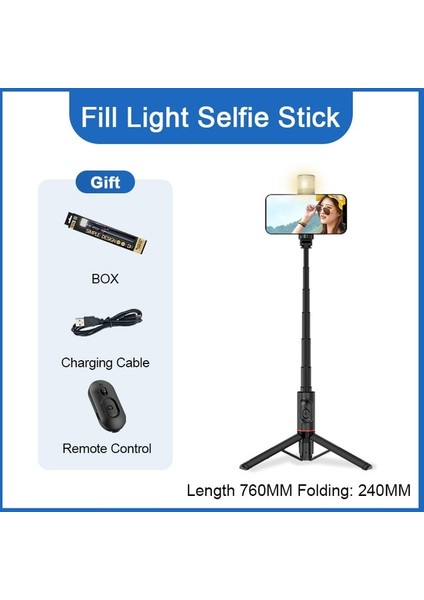 Siyah Dolgu Işığı Ekleyin Fangtuosı Yenı Alüminyum Alaşımlı Taşınabilir Bluetooth Kablosuz Selfie Çubuk Tripod Dolgu Işığı ile Huawei iPhone 14 Android Xiaomi (Yurt Dışından)