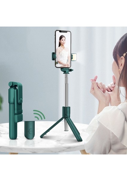 Sty A LED Yeşil Tripod ile Selfie Çubuğu Halkası Cep Telefonu Tutucu Için LED Işık Standı Lamba Akıllı Telefon Kablosuz Bluetooth Teleskopik Monopod (Yurt Dışından)