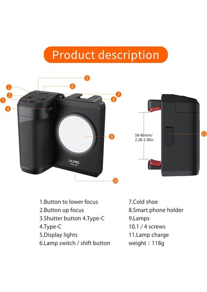 Ra-11 Uurıg Ph-10 Telefon Capgrip El Selfie Güçlendirici Bluetooth Uzaktan Kumanda Deklanşörü iPhone 14 13 Samsung Için Dolgu Işığı Lambası (Yurt Dışından) fırsatları