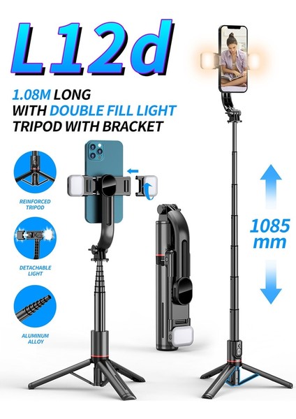 Selfie Çubuğu Tripod 2023 Yeni L12D Katlanabilir Kablosuz Bluetooth Selfie Çubuğu Tripod Uzaktan Deklanşör Dolgu Işığı Alüminyum Alaşımlı Selfie Çubuğu (Yurt Dışından)