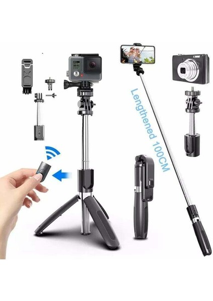 Beyaz 100 cm Ayarlanabilir Kablosuz Bluetooth Özçekim Çubuğu Katlanabilir Mini Tripod Telefon Ios ve Bluetooth Uzaktan Kumanda ile Kendinden Yapışkanlı (Yurt Dışından)