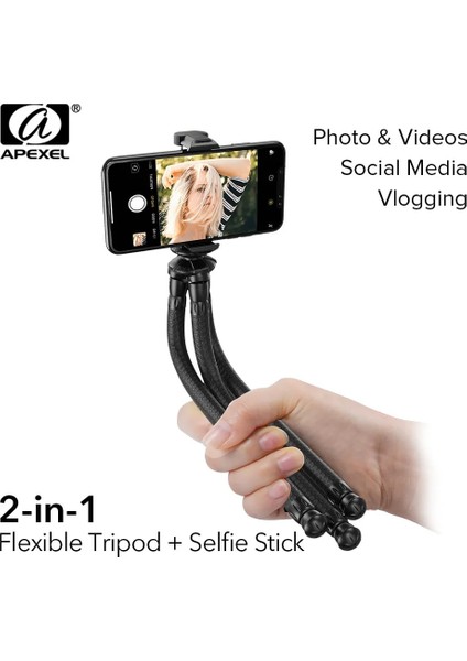 Siyah Apexel 2 In 1 Ahtapot Esnek Tripod + Selfie Çubuğu Açık Taşınabilir Tripod Uzaktan Kumandalı Telefon Dijital Dslr'ler Gopro Nikon Için (Yurt Dışından)