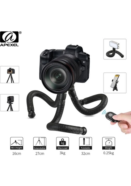Siyah Apexel 2 In 1 Ahtapot Esnek Tripod + Selfie Çubuğu Açık Taşınabilir Tripod Uzaktan Kumandalı Telefon Dijital Dslr'ler Gopro Nikon Için (Yurt Dışından)